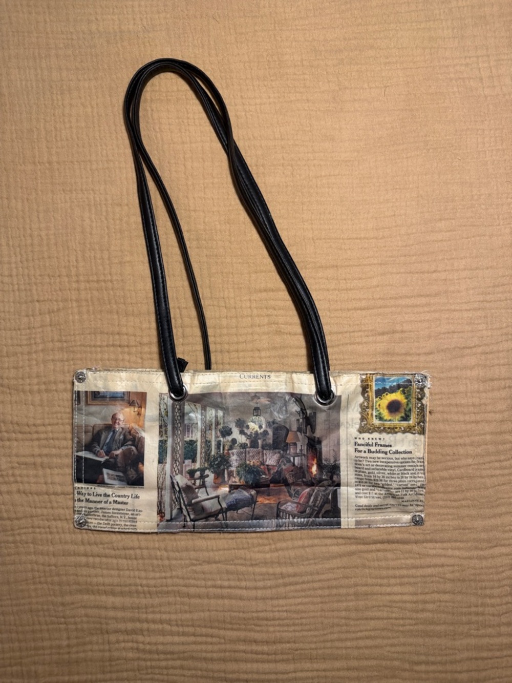 Vintage Newspaper Print Shoulder Bag with Black Straps